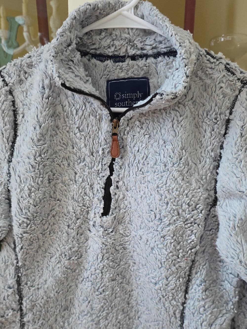 Simply Southern Plush Sherpa Quarter-Zip Pullover - Light Gray with Black Trim